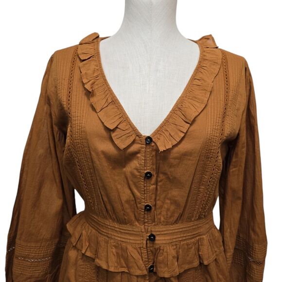 NWT Scotch & Soda Ruffled Frilled Cotton Shirt Dress Brown Size Small Prairie - Picture 7 of 10